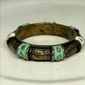 Vintage Sz 9.5  Golden brass and Green enamel bohemian band ring unusual
